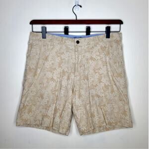 Tasso Elba Island khaki cotton linen blend tropical print flat front shorts - 38